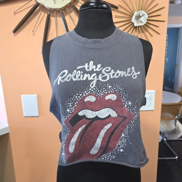 Rolling Stones XS Upcycled Gray Diy Cropped Band Tank Top Iconic Lips Design - Picture 1 of 11